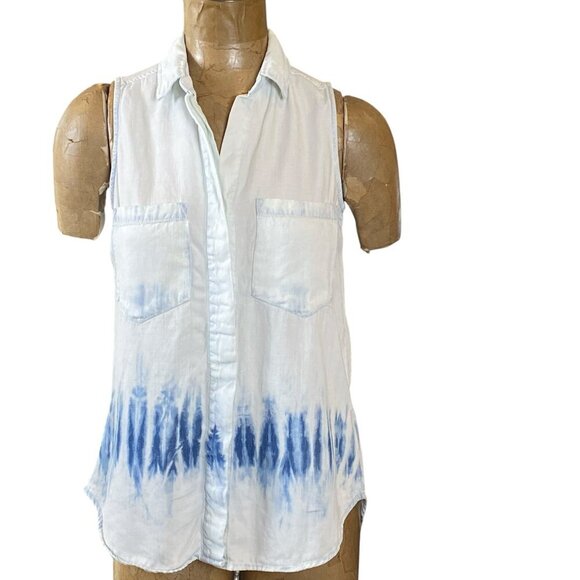 REBA Sleeveless Button Front Chambray Top 2 Pocket Dip/Tie Dye Blues Sz S #340A - Picture 1 of 8